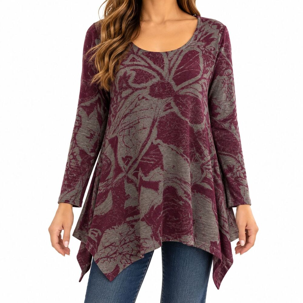 Soft Surroundings Renaissance Swing Tunic Floral Plum Gray Womens M Lagenlook